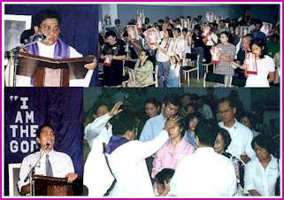 SPECIAL HEALING MASS officiated by Fr. Vic Robles (top left), spreading the devotion of the Divine Mercy (top right). Bro. Alvin giving his moving life testimony (below left) and people line-up for a pray-over healing from Fr. Vic (below right)